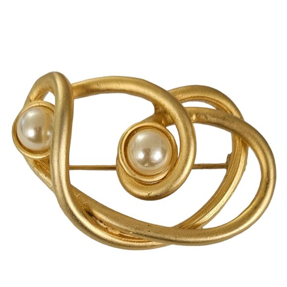 Matte Gold Tone Faux Pearl Modernist Open Brooch Pin L143 - Picture 1 of 8